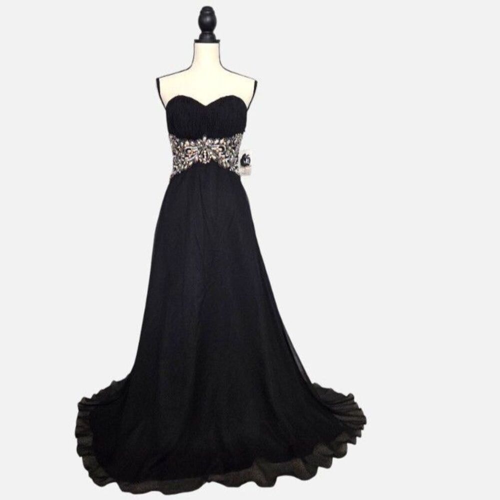 NWT Let's Fashion BLK Embellished Strapless Corset Chiffon Prom Gown Sweep Train